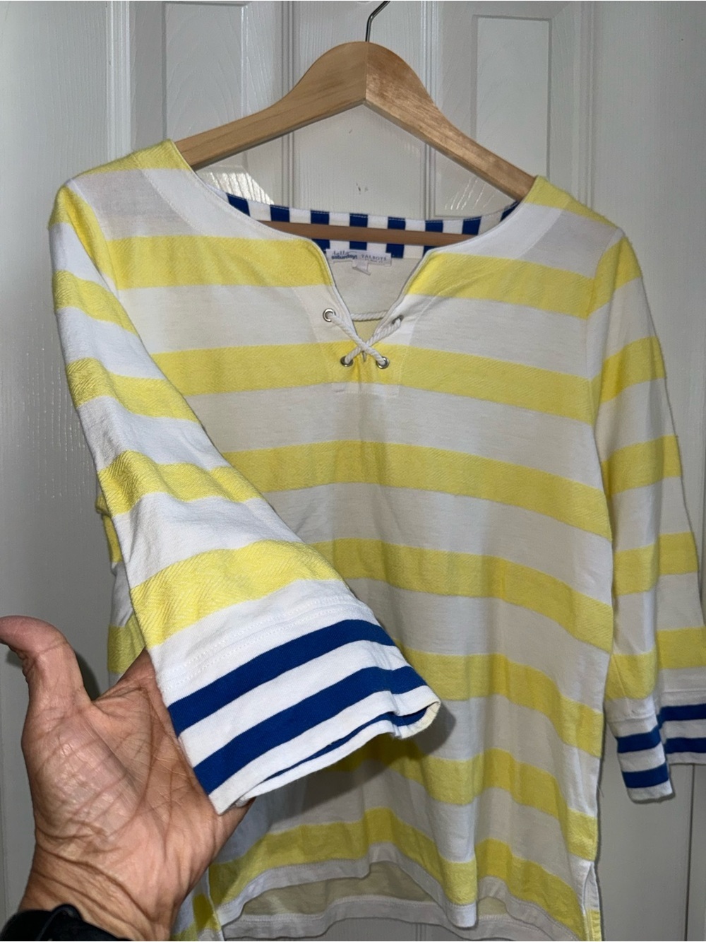 Talbots Nautical Tie 3/4 Sleeve Top Sz LP Blue White Yellow Strip Beach Resort - Picture 2 of 7